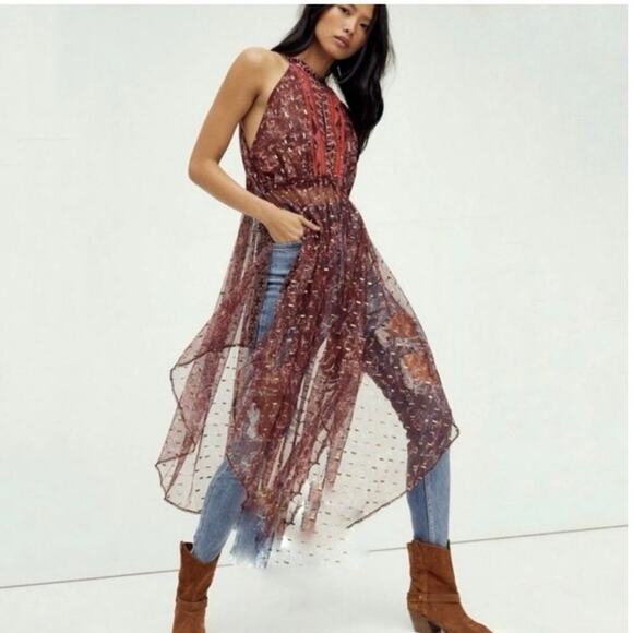Free People Top Womens Size Small Red Ria Sleeveless Sheer Embroidered Boho Maxi - Picture 1 of 7